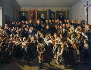 Kinder armer Eltern werden von der Gemeinde Spittelberg am Michaelitage mit Winterkleidern beteilt by Ferdinand Georg Waldmuller