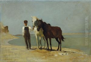 Ein Junge mit Pferden am Strand by Franz Rumpler