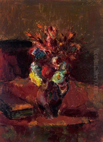 Blumenbouquet mit rotem Tischtuch - view 1