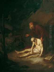 St. Antony Abbot buries St. Paul the Hermit with the help of two lions that scratch a hole in the ground