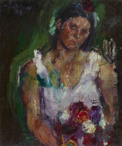 Die Gattin des Kunstlers mit Blumen by Anton Kolig