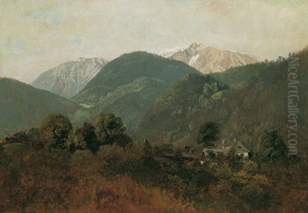 Blick von Scheuchenstein zum Gauermannhof mit Schneeberg im Hintergrund - view 1