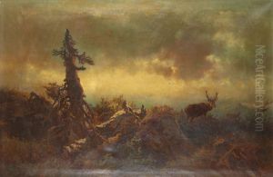 Hochebene mit Hirsch by Anton Schrodl
