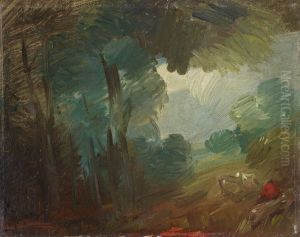 Waldlandschaft mit Kuhen und Bauern