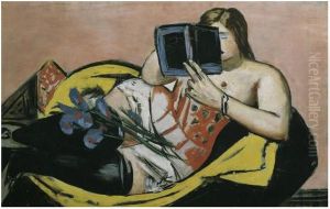 Reclining woman with book and irises by Max Beckmann
