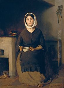 Sitzende Frau in einer Bauernkuche by Johann Baptist Reiter