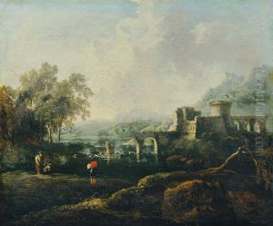 Ideale Landschaft mit Fluss und Bruckenruine (Der Morgen)