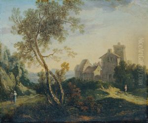 Ideale Landschaft mit Baumen und befestigtem Dorf (Der Abend)