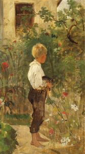 Knabe mit Katze im Garten by Joseph Hasslwander