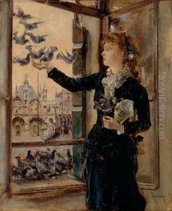 Madchen an einem Fenster zum Markusplatz, Tauben futternd by Anton Romako