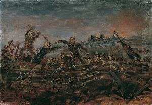 Totentanz auf dem Schlachtfeld vor brennenden Ruinen