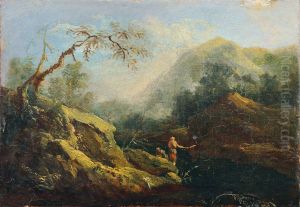 Bergige Landschaft mit Angler