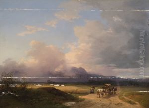 Voralpenlandschaft mit Fuhrwerk auf der Strasse by Ignaz Raffalt