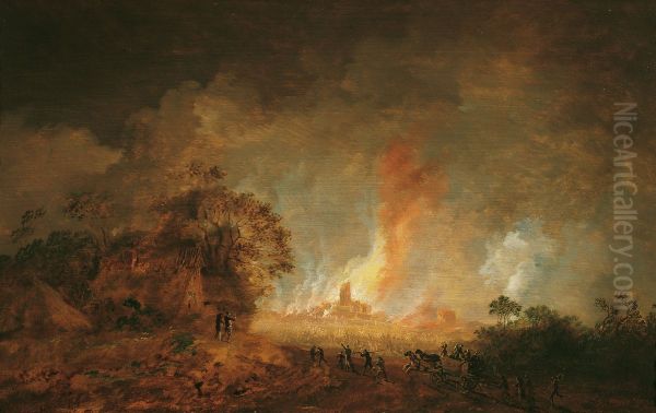 Great fire in a city during the night - view 1