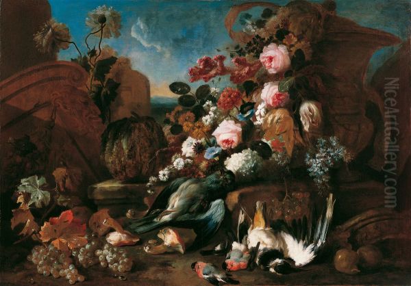 Stillleben mit Blumen, toten Vogeln und Ruinenstucken - view 1