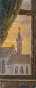 Blick durch ein Fenster auf einen gotischen Kirchturm by Johann Peter Krafft