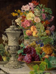 Stillleben mit Fruchten, Blumen und silbernem Pokal