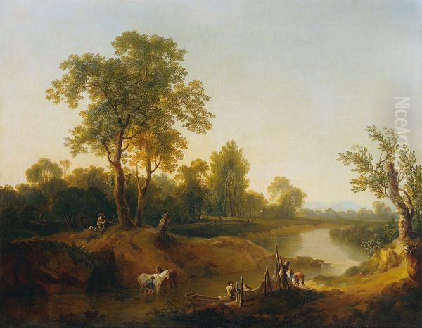 Reiter und Fischer in einer Flusslandschaft - view 1
