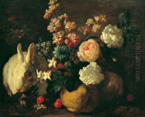 Stillleben mit Kaninchen, Blumen und Fruchten