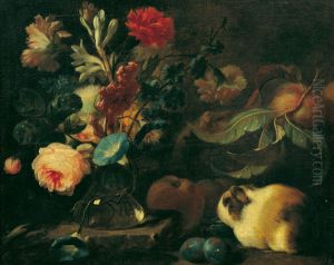 Stillleben mit Meerschweinchen, Blumen und Fruchten