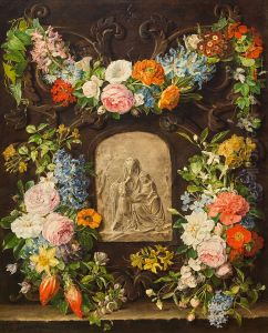Flower garland with a relief of a Madonna by Pauline Freiin von Koudelka