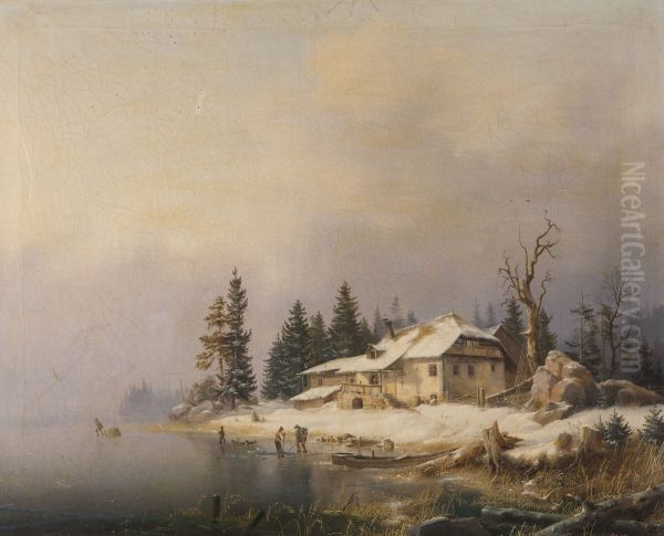 Bauernhof am winterlichen See - view 1