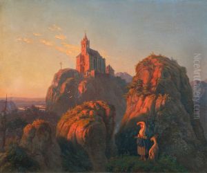 Landschaft mit Kirche am Abend by Emil Ludwig Lohr