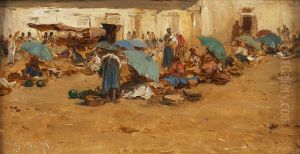 Ungarischer Markt mit blauen Schirmen by August von Pettenkofen