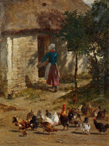 Chickens in front of a farmhouse - view 1