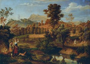 Italienische Landschaft mit pflugendem Landmann (Die Serpentara bei Olevano, Landschaft bei Paliano) by Joseph Anton Koch