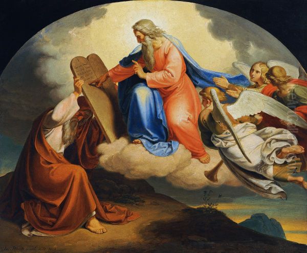 Gott schreibt Moses auf dem Berg Sinai die zehn Gebote auf zwei steinerne Tafeln - view 1
