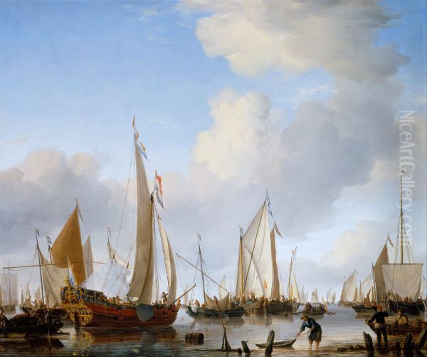 A States Yacht under Sail close to the Shore with many other Vessels - view 1