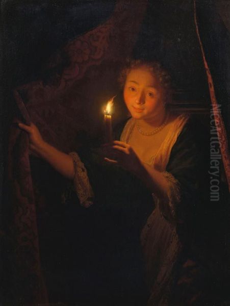 A Girl with a Candle Drawing aside a Curtain - view 1