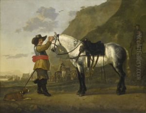 A Cavalry Trooper Decorating his Dappled Grey Horse with a Reclining Spaniel at his Feet A Cavalry Trooper Decorating his Dappled Grey Horse with a Reclining Spaniel at his Feet