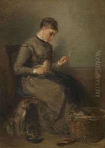 Female Playing with a Cat; an Interior by Anton Burger
