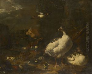 Ducks and Geese in a Farmyard by Melchior D'Hondecoeter