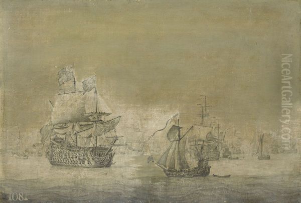 An English Three-decker in a Light Breeze with a Royal Yacht Sailing Towards her - view 1