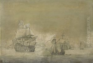 An English Three-decker in a Light Breeze with a Royal Yacht Sailing Towards her by Willem van de, the Elder Velde