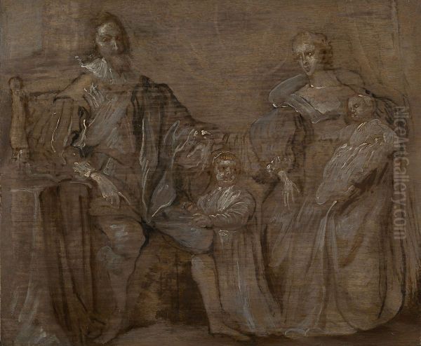 Sketch of Charles I and Queen Henrietta Maria with their two eldest children, Prince Charles and Princess Mary - view 1
