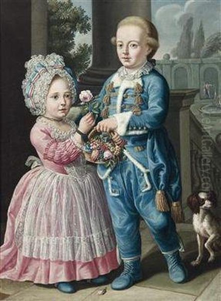 Children With A Small Dog And A Basket Of Fruit - view 1