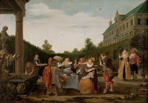 Banquet in a palatial garden, with an elegant company drinking and in conversation by Esaias Van De Velde
