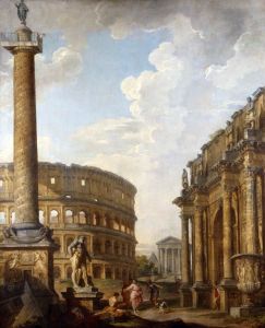 Caprice View with Trajan's Column and Roman Ruins by Giovanni Paolo Panini