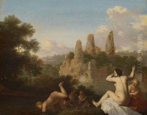 Landschaft bei Albano mit badenden Madchen (Im Hintergrund das Grabmal der Horatier und Curatier)