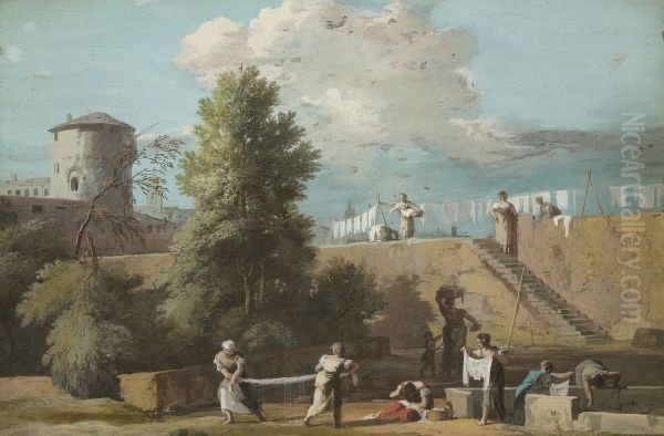 The Outskirts of a Town with Women Washing Linen - view 1