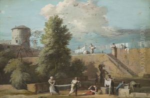 The Outskirts of a Town with Women Washing Linen