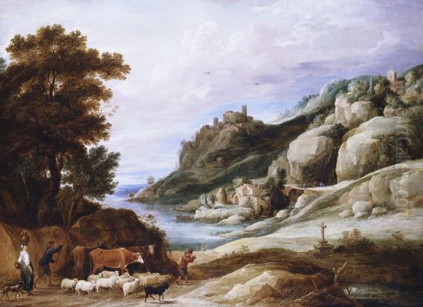 A Shepherd with his Flock in a Mountainous Landscape - view 1