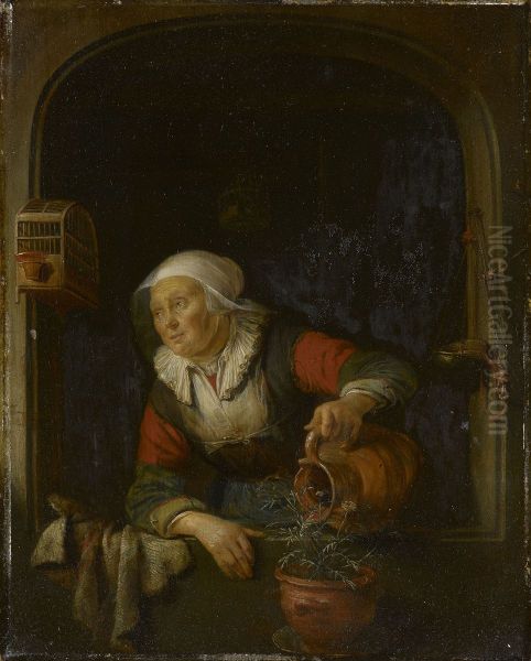 An Old Woman Watering a Pot of Pinks - view 1