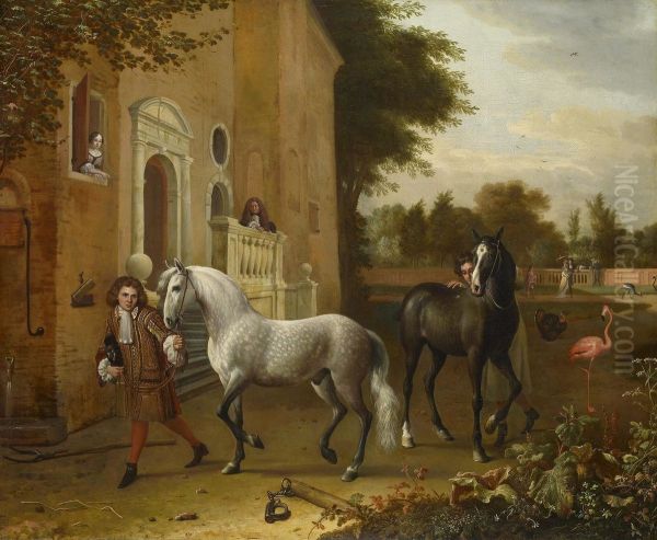 Grooms with Horses, a Grey and a Dark Bay, at Nijenrode Castle - view 1