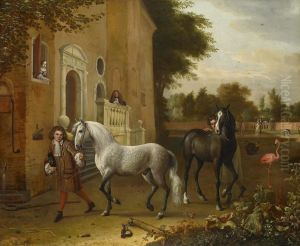 Grooms with Horses, a Grey and a Dark Bay, at Nijenrode Castle Grooms with Horses, a Grey and a Dark Bay, at Nijenrode Castle
