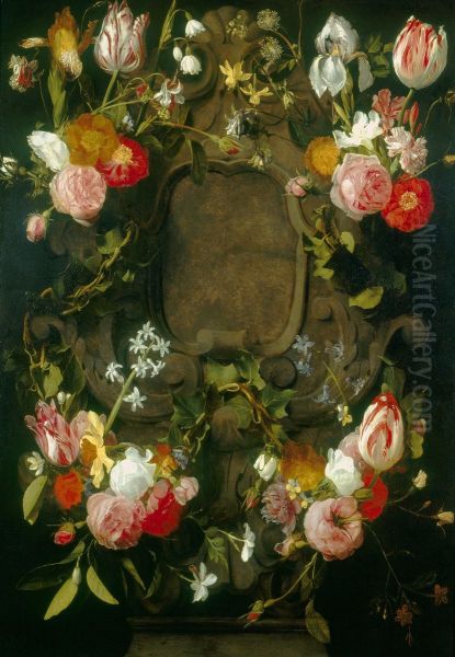 A Cartouche Embellished with a Garland of Flowers - view 1